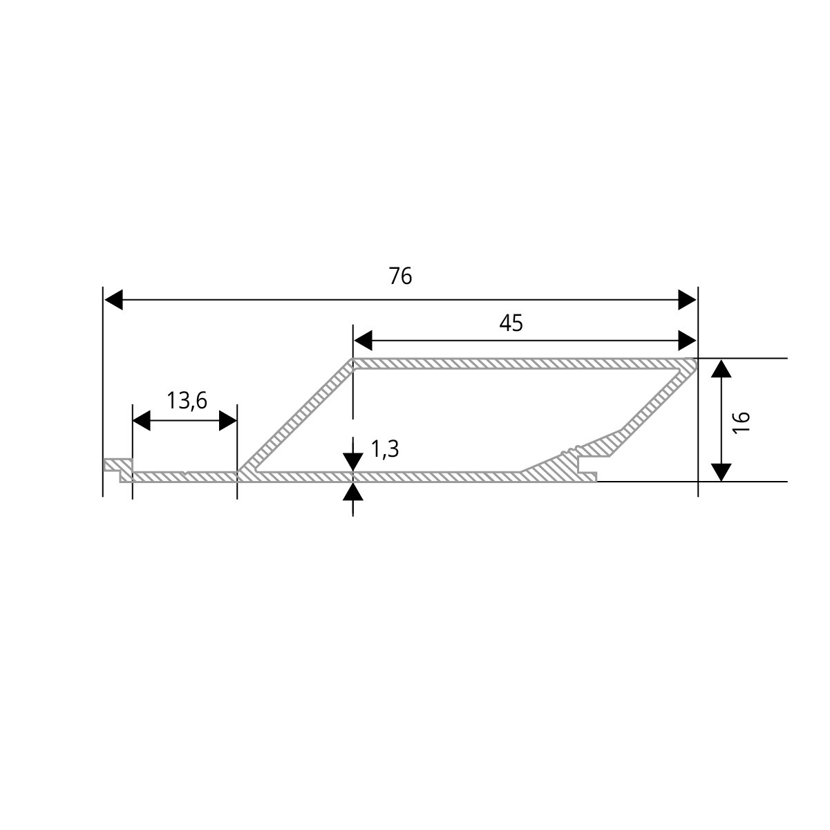Zeichnung Rhombusprofil aus Aluminium 16mm mit Montagesteg in Holzoptik - Fichte - Sichtfläche 45mm