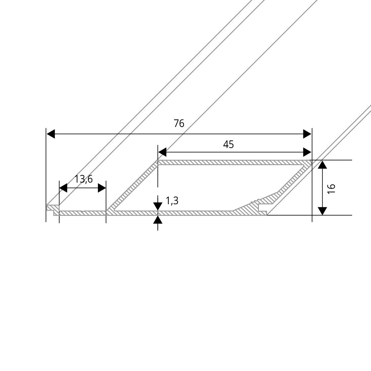 Zeichnung Rhombusprofil aus Aluminium 16mm mit Montagesteg in Holzoptik - Fichte - Sichtfläche 45mm