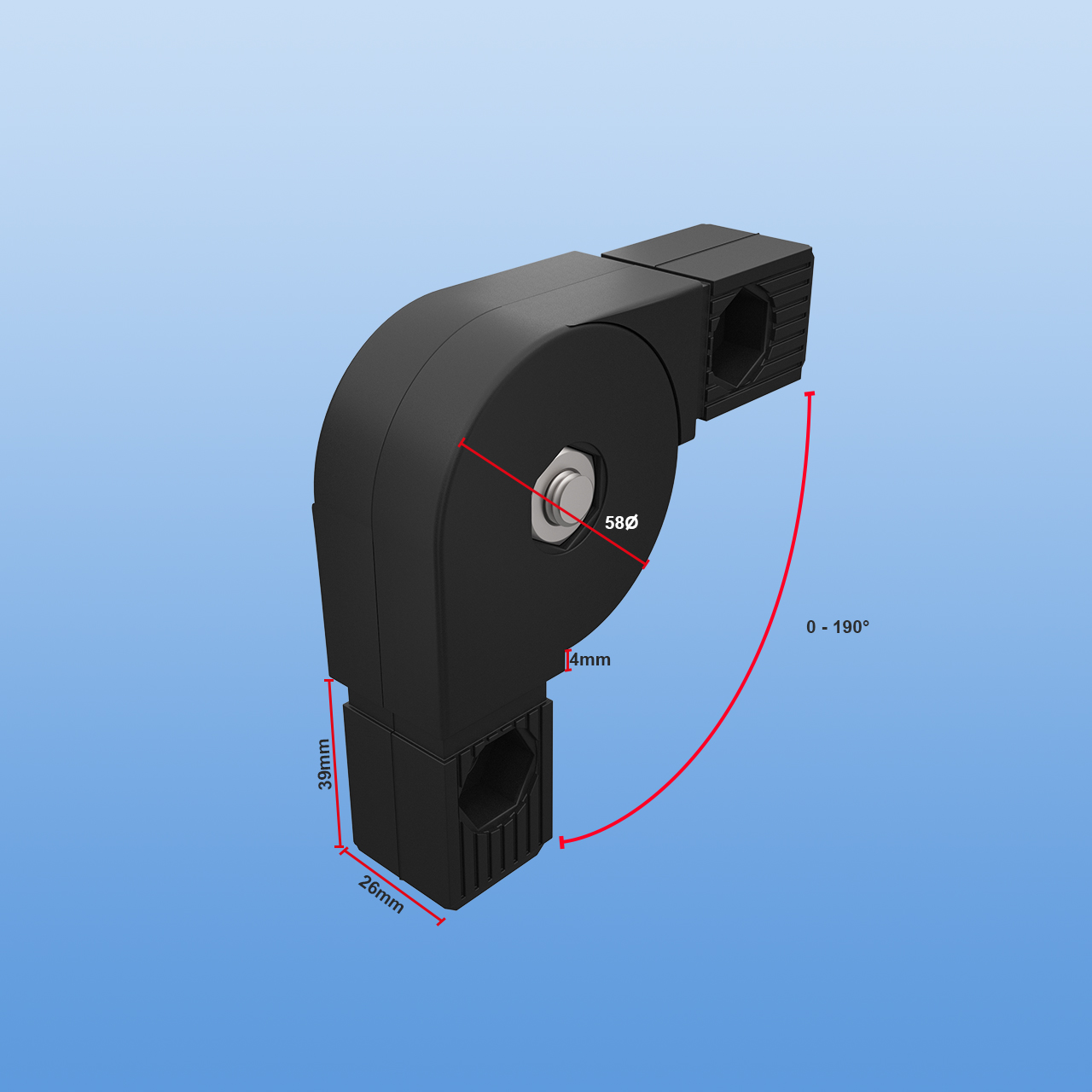 Steckverbinder für 30 x 30 x 2 mm Vierkantrohr | Gelenkverbinder 0 - 190 Grad | Schwarz