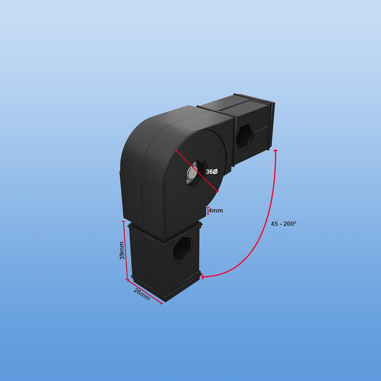 Steckverbinder für 30 x 30 x 2 mm Vierkantrohr | Gelenkverbinder 45 - 200 Grad | Schwarz