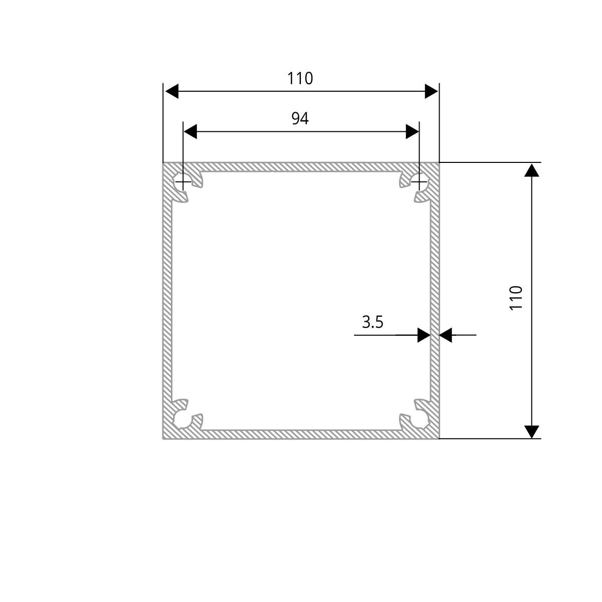 Alu- Pfosten 110 x 110 mm zum Einbetonieren - Zeichnung