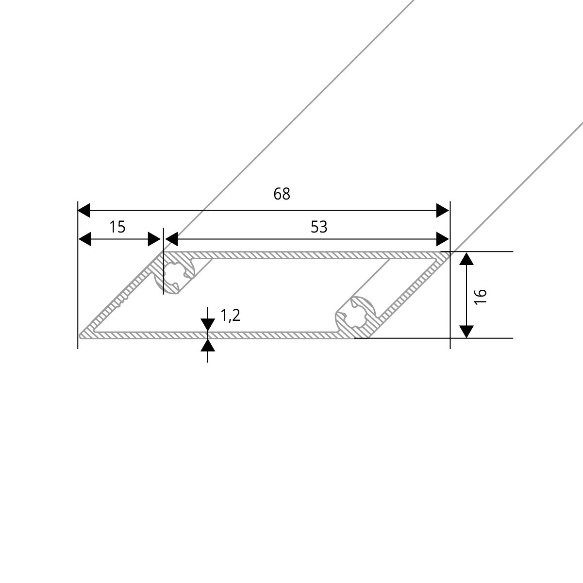 Zeichnung - Rhombusprofil aus Aluminium 16mm in Holzoptik - Fichte - Sichtfläche 53mm