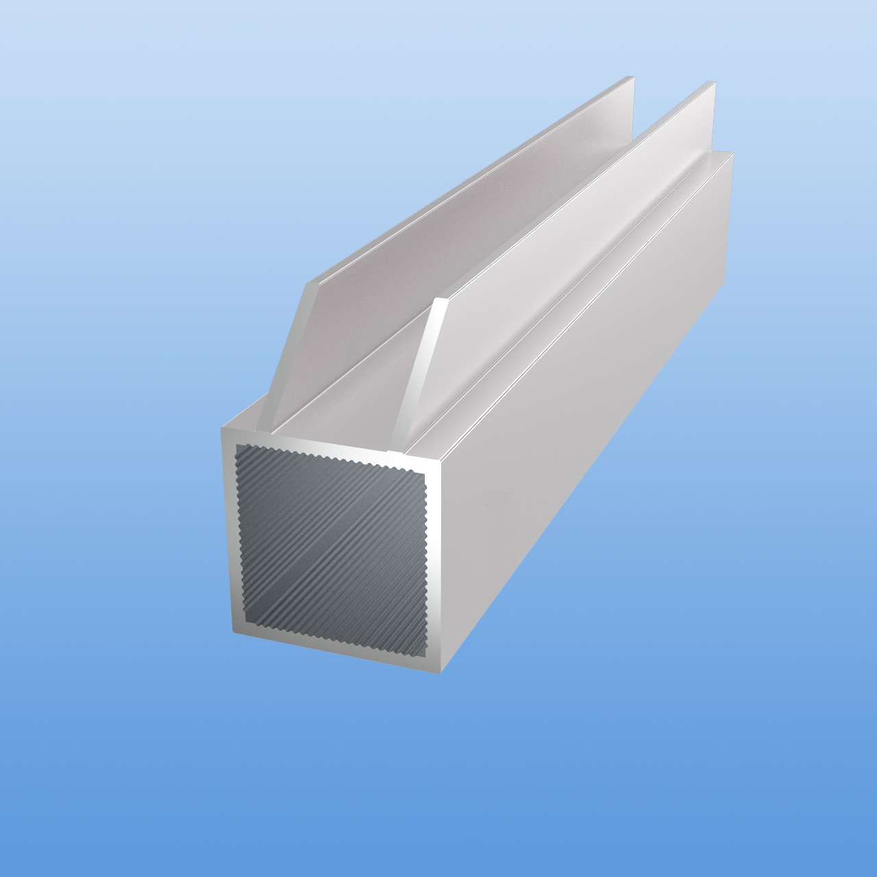 Vierkantrohr für Steckverbinder mit Doppelstegen | Ausführung 16mm U-Profil | Silber eloxiert - E6 EV1 | 30 x 30 x 2 mm | Einseitige Gehrung im 45-Grad-Winkel nur am U-Profil