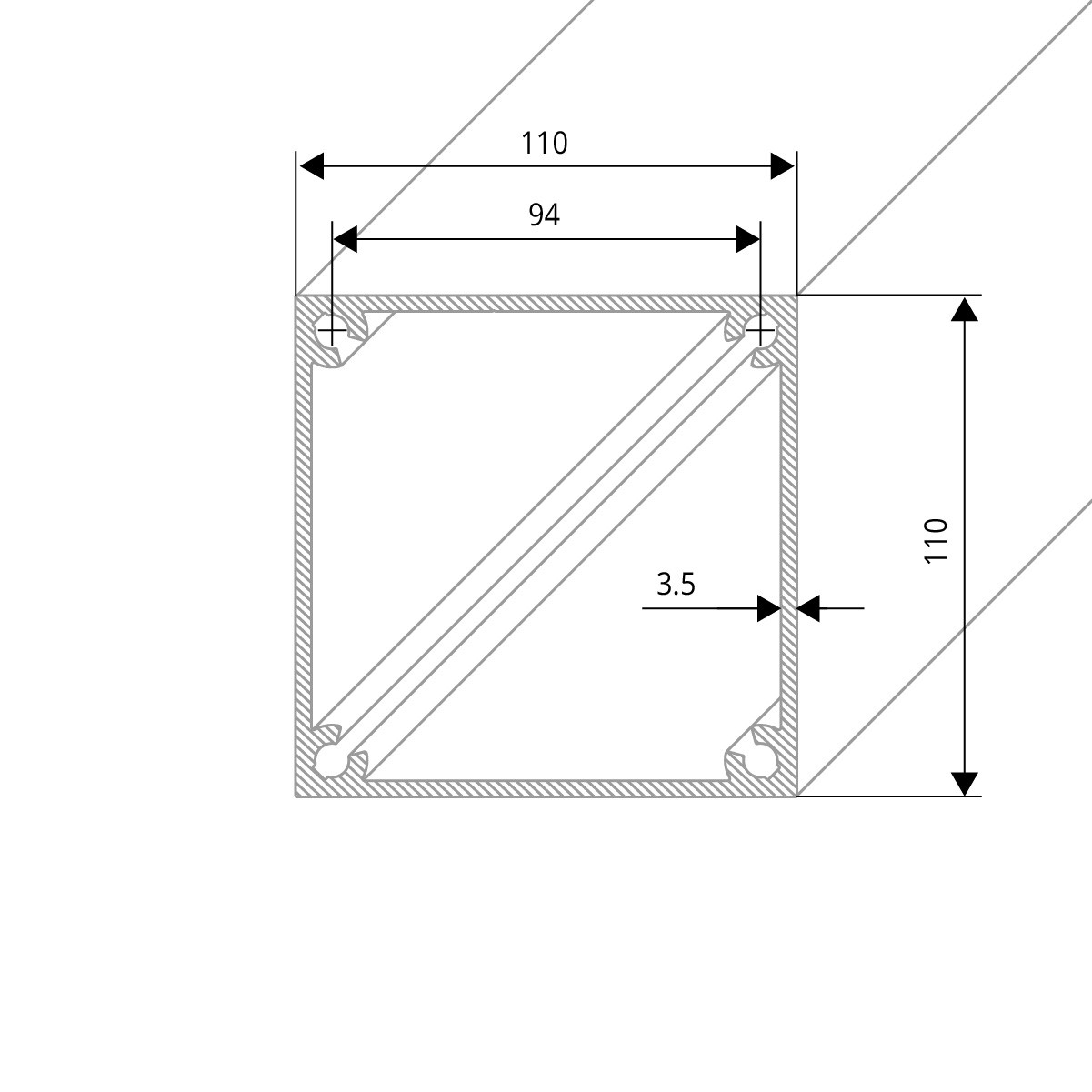 Alu- Pfosten 110 x 110 mm zum Einbetonieren - Zeichnung