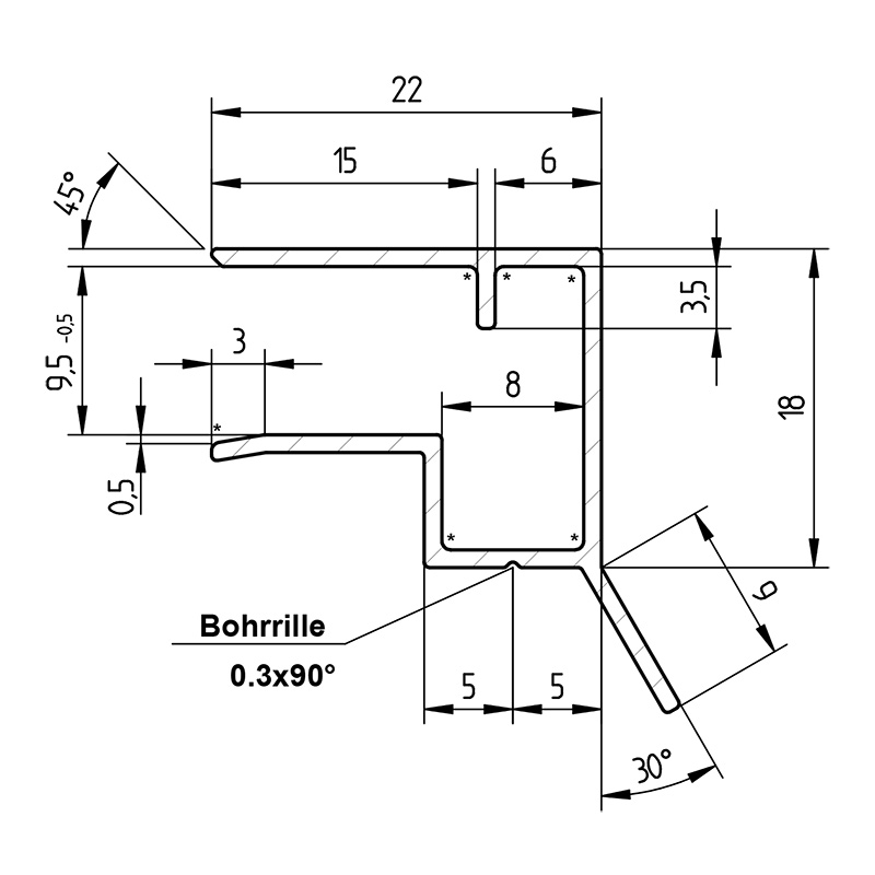 Zeichnung - U - Profil 10 mm mit Tropfkante