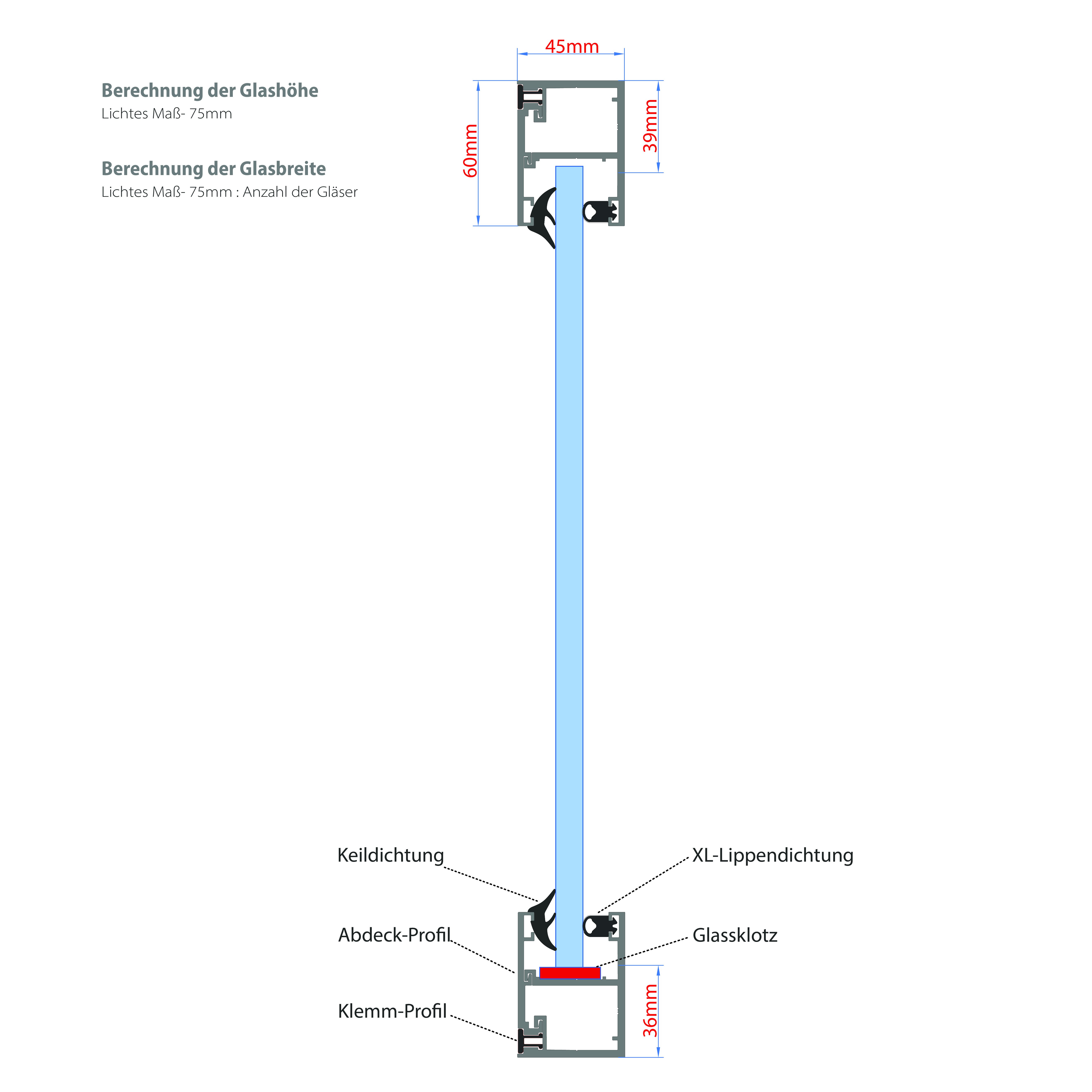 Verglasungsprofil in weiß mit Dichtung für 8mm ESG Glas