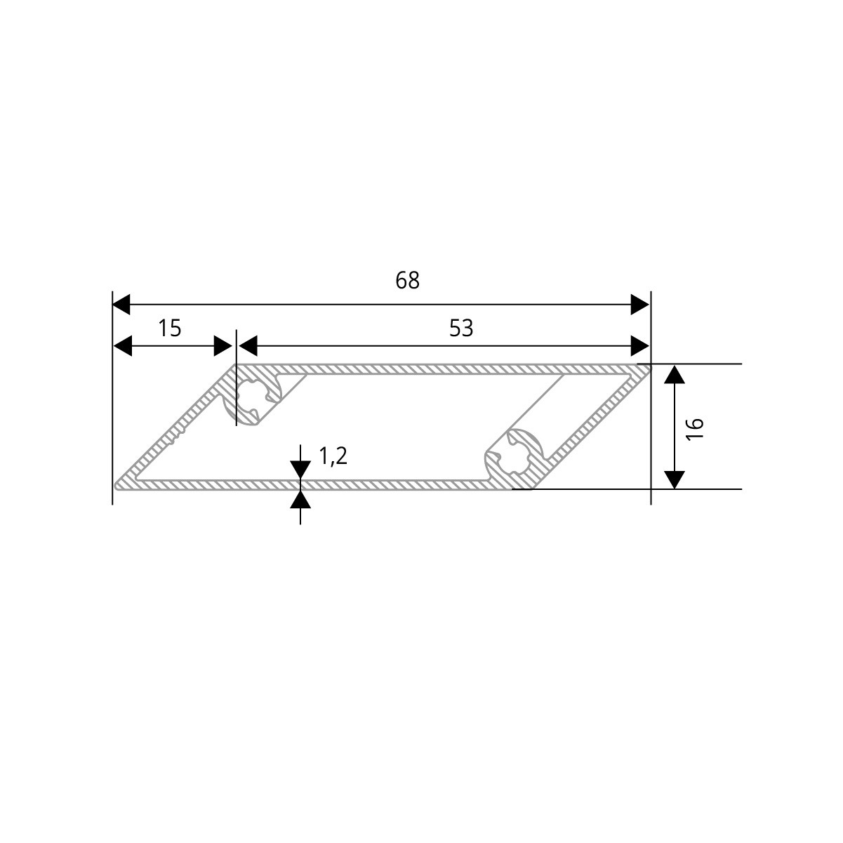 Zeichnung - Rhombusprofil aus Aluminium 16mm in Holzoptik - Fichte - Sichtfläche 53mm