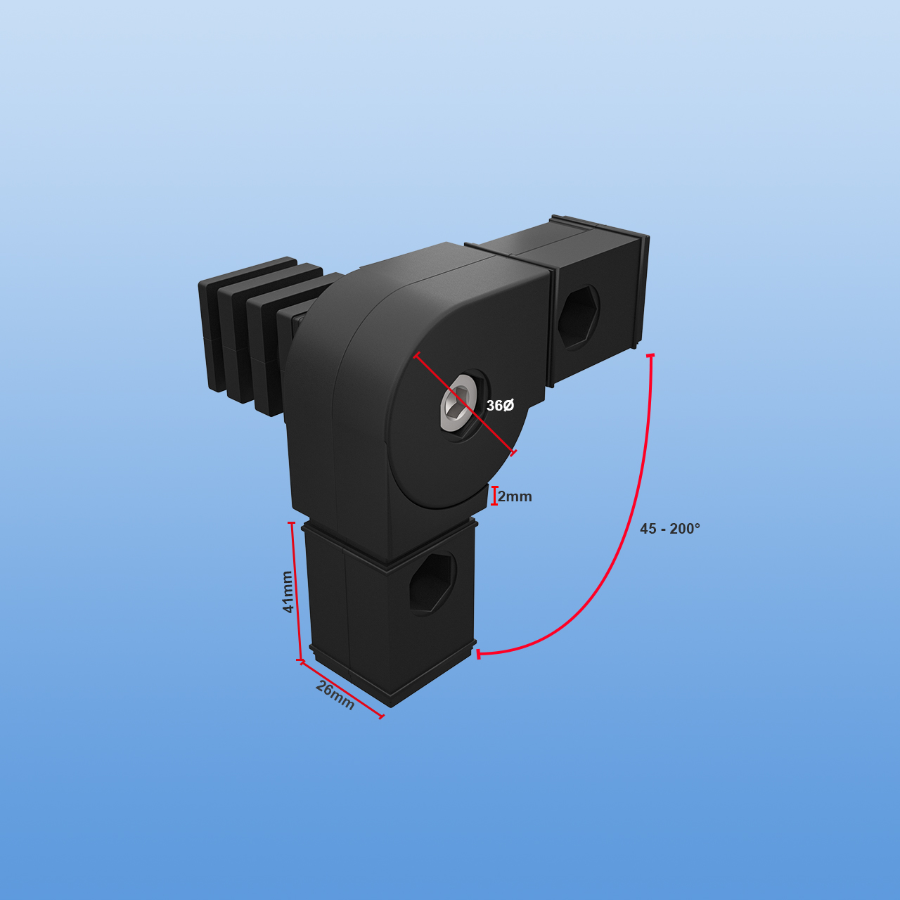 Steckverbinder für 30 x 30 x 2 mm Vierkantrohr | Gelenkverbinder 45 - 200 Grad mit einem Abgang | Schwarz